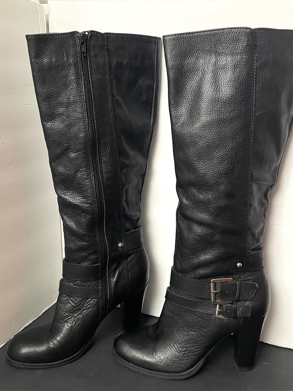 Nine West Habitat Tall Black Leather Knee High Heeled Buckle Boots, Sz 7M